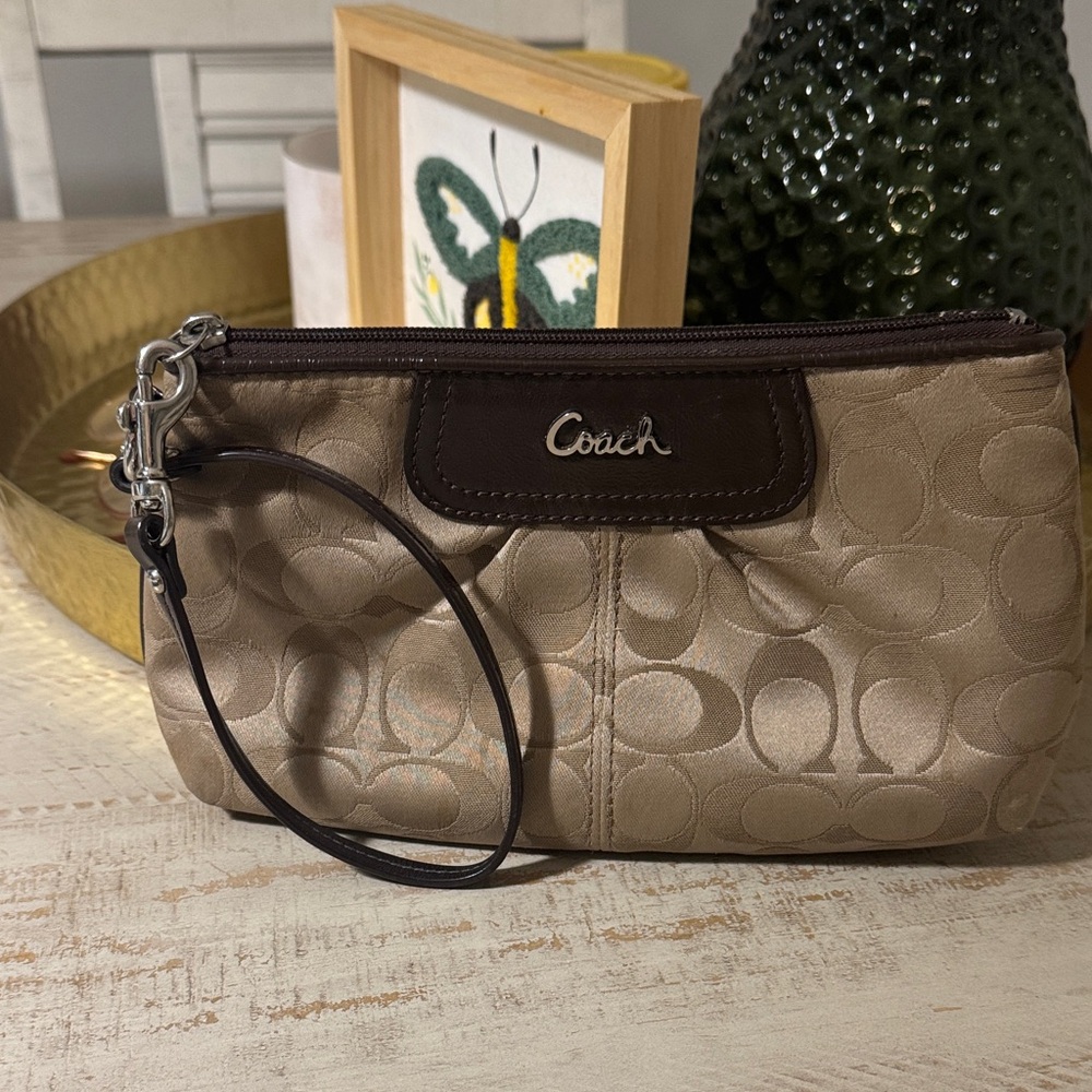 Coach Y2K Signature Satin Wristlet with Dark Brown Trim Preloved